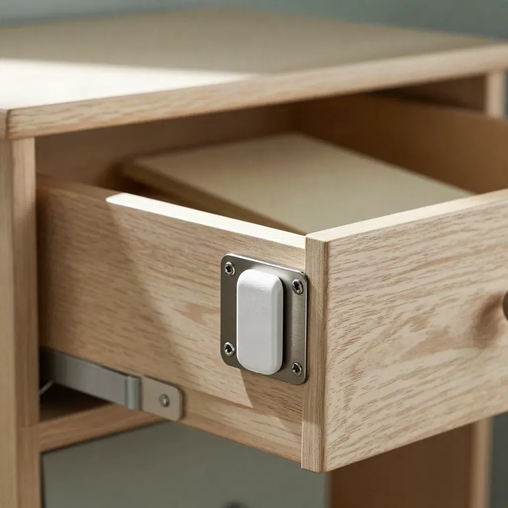 Blocca armadi e cassetti davanti a un cassetto nursery semiaperto, con chiusure e strap keeper.