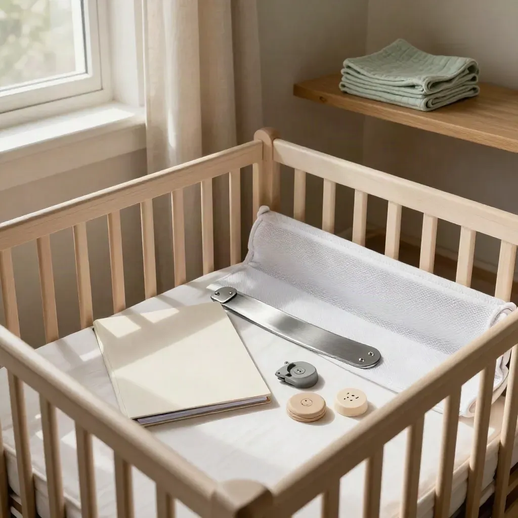 Kit sicurezza neonato su mensola in legno chiaro accanto a culla, luce mattutina soffusa.