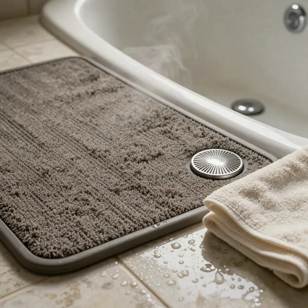 Tappeto bagno antiscivolo su piastrella bagnata con asciugamano in spugna e scarico, luce morbida