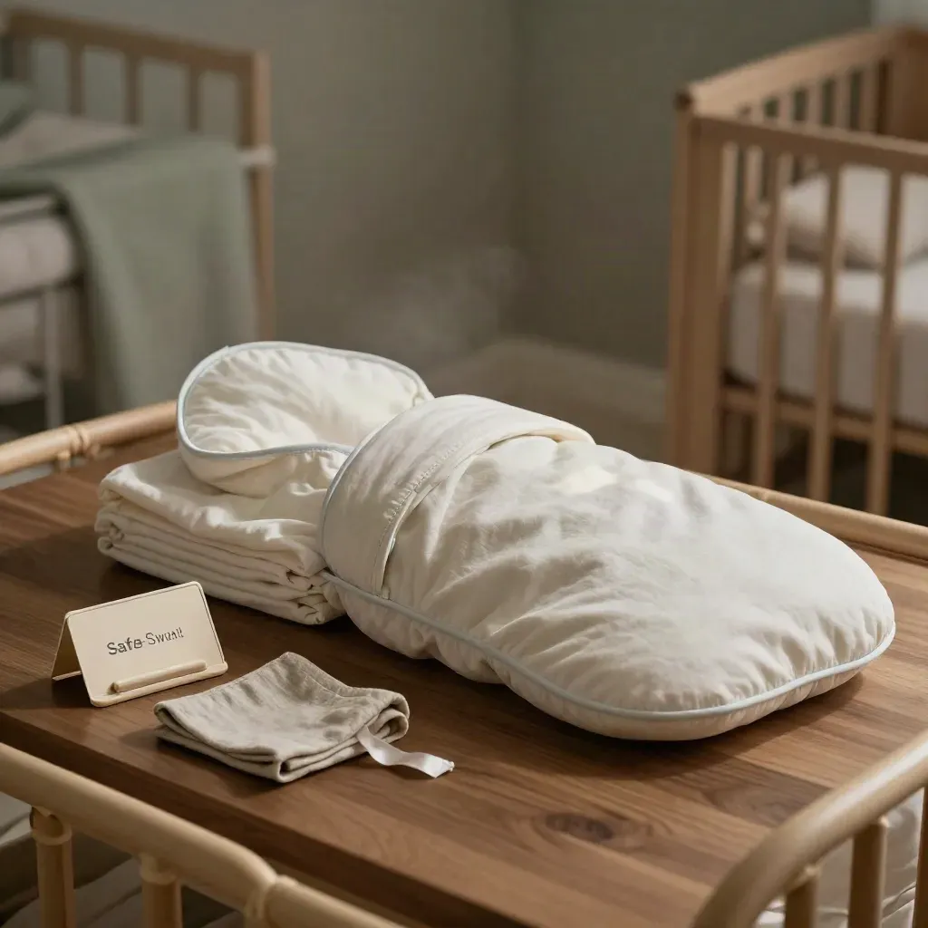 Kit per il sonno del bambino con swaddle, lenzuolo e coperta accanto a una culla.
