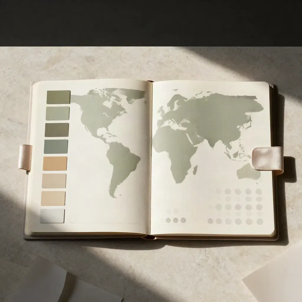 Vista dall'alto di un kit planning per nursery con divisori e campioni su pietra chiara.