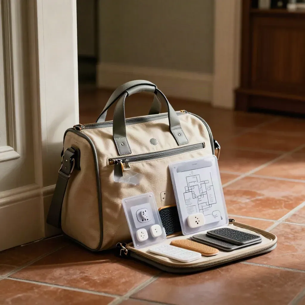 Borsa per sopralluogo aperta vicino a una porta, con cartellina e campioni di protezioni.