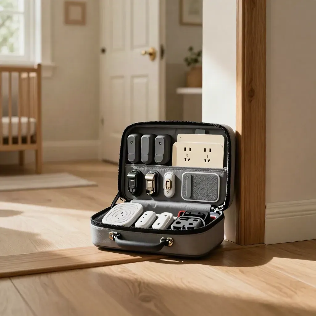 Kit sicurezza casa in borsa morbida accanto a una soglia, con luce calda e atmosfera domestica.