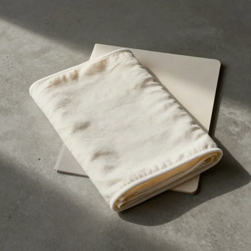 Cartella crema per guida sonno sicuro con swaddle e campione lenzuolo su cemento grigio.