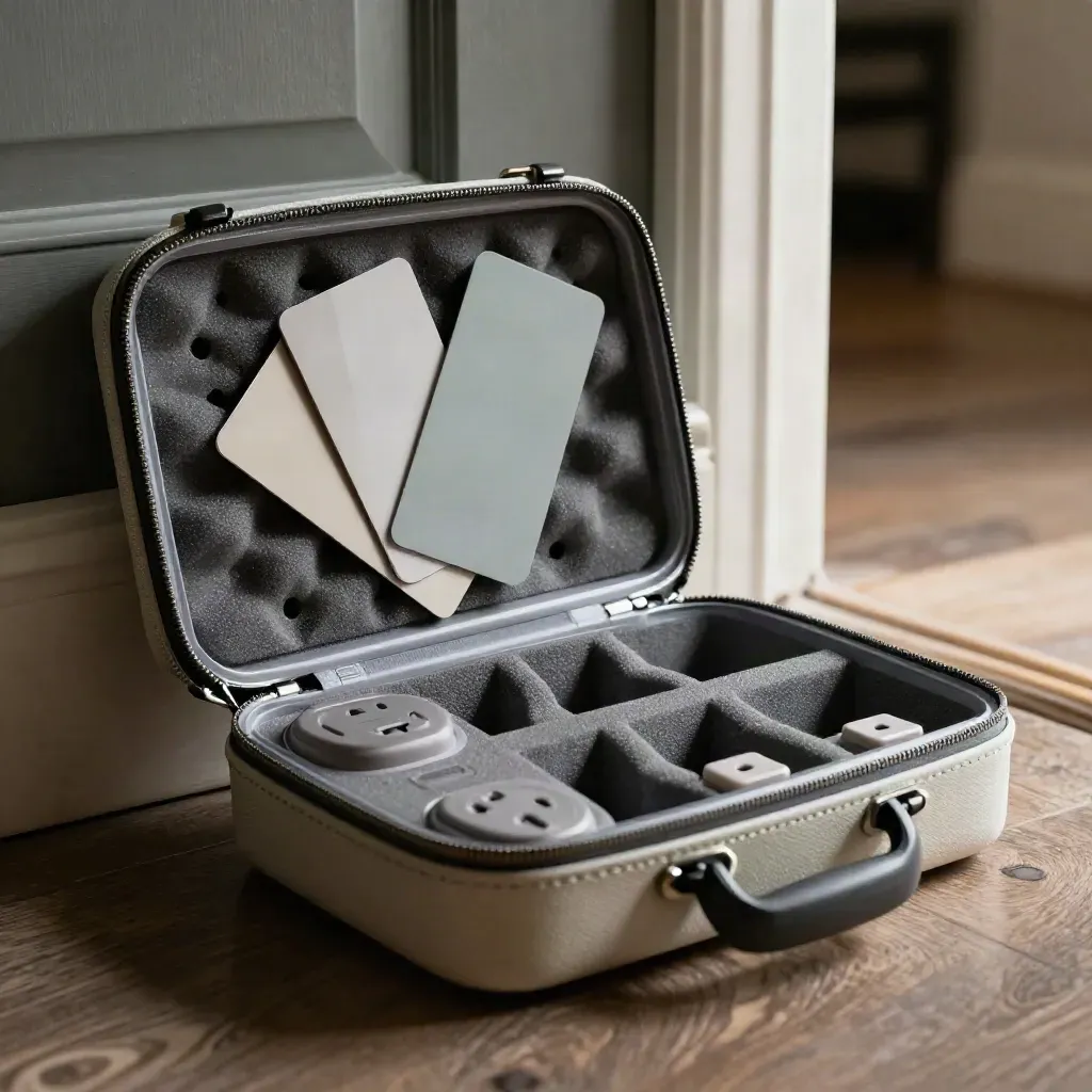 Kit di sicurezza aperto sulla soglia con protezioni, campioni neutri e custodia verde salvia