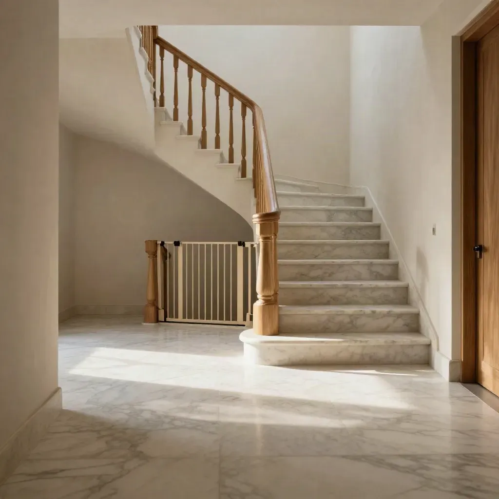 Scala in marmo con corrimano in legno chiaro e cancellino salvascala, luce del mattino