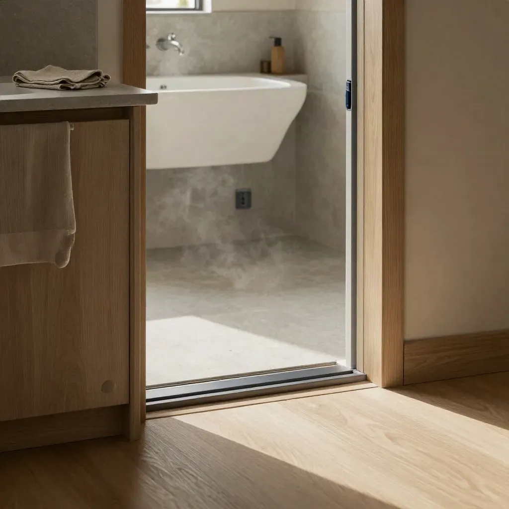 Banco in pietra con accessori babyproofing e luce calda tra cucina e bagno.